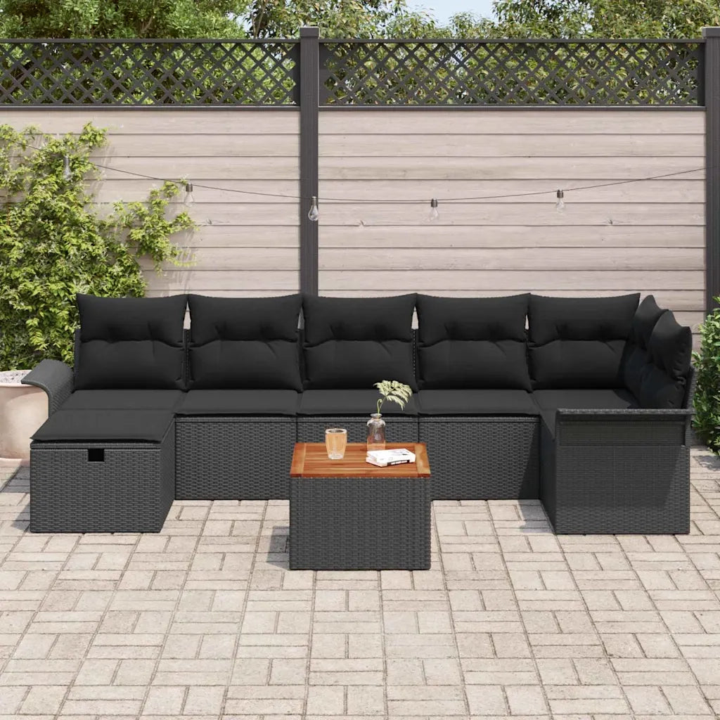 Set Divano da Giardino con cuscino 8 pcs Nero polyrattan