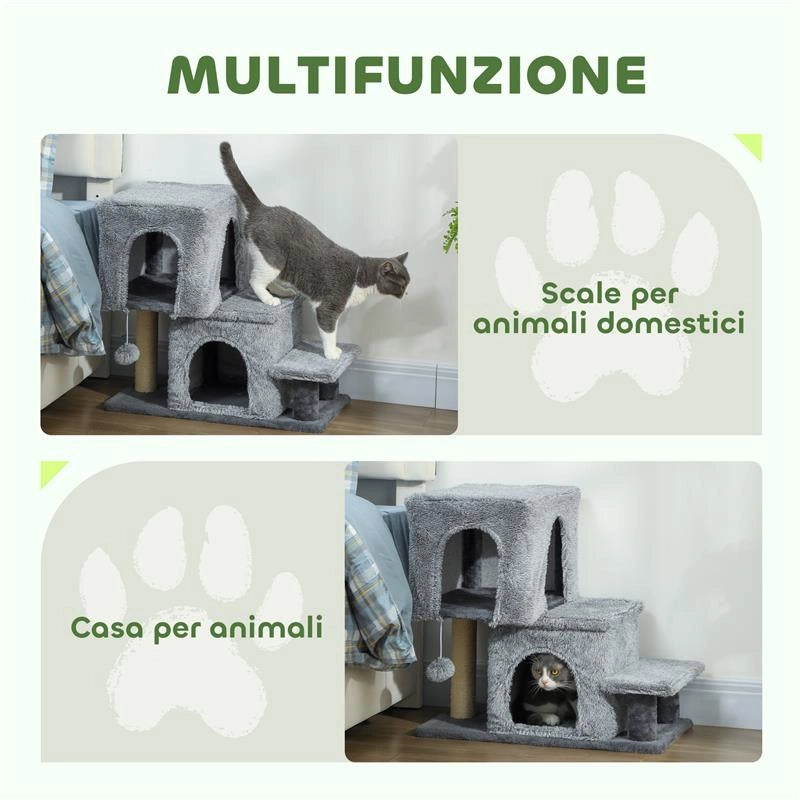 SCALETTA PER GATTI A 4 GRADINI REGOLABILE IN ALTEZZA CON 2 CASETTE, PALO TIRAGRAFFI E PALLINA, GRIGIO
