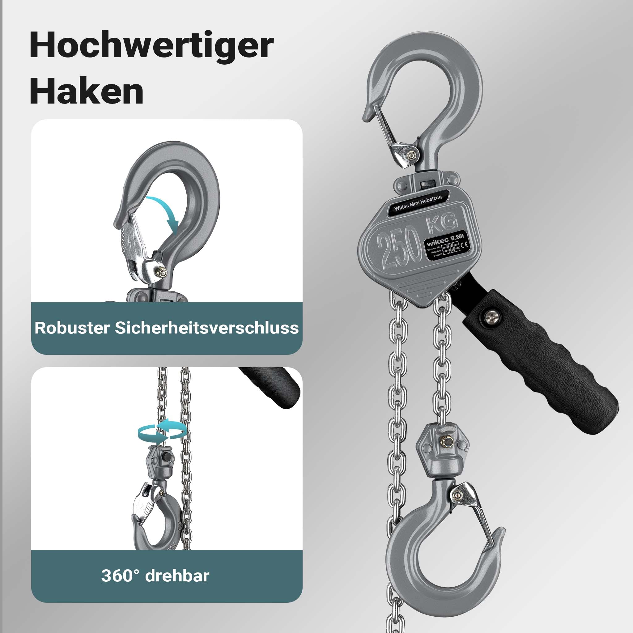 Mini paranco a catena manuale VM0.25 fino a 250 kg, altezza di sollevamento di 1,5 m, in alluminio, per il sollevamento di carichi pesanti