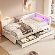 LETTO daybed 90x200 cm in lino beige con LED, USB e 2 cassetti