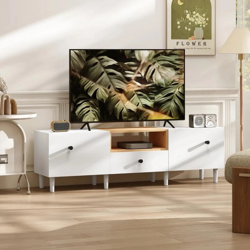 MOBILE TV 70" MAX CON 2 ANTE A RIBALTA, CASSETTO E SCAFFALE APERTO, IN LEGNO, 150X35X45 CM, BIANCO E COLOR LEGNO