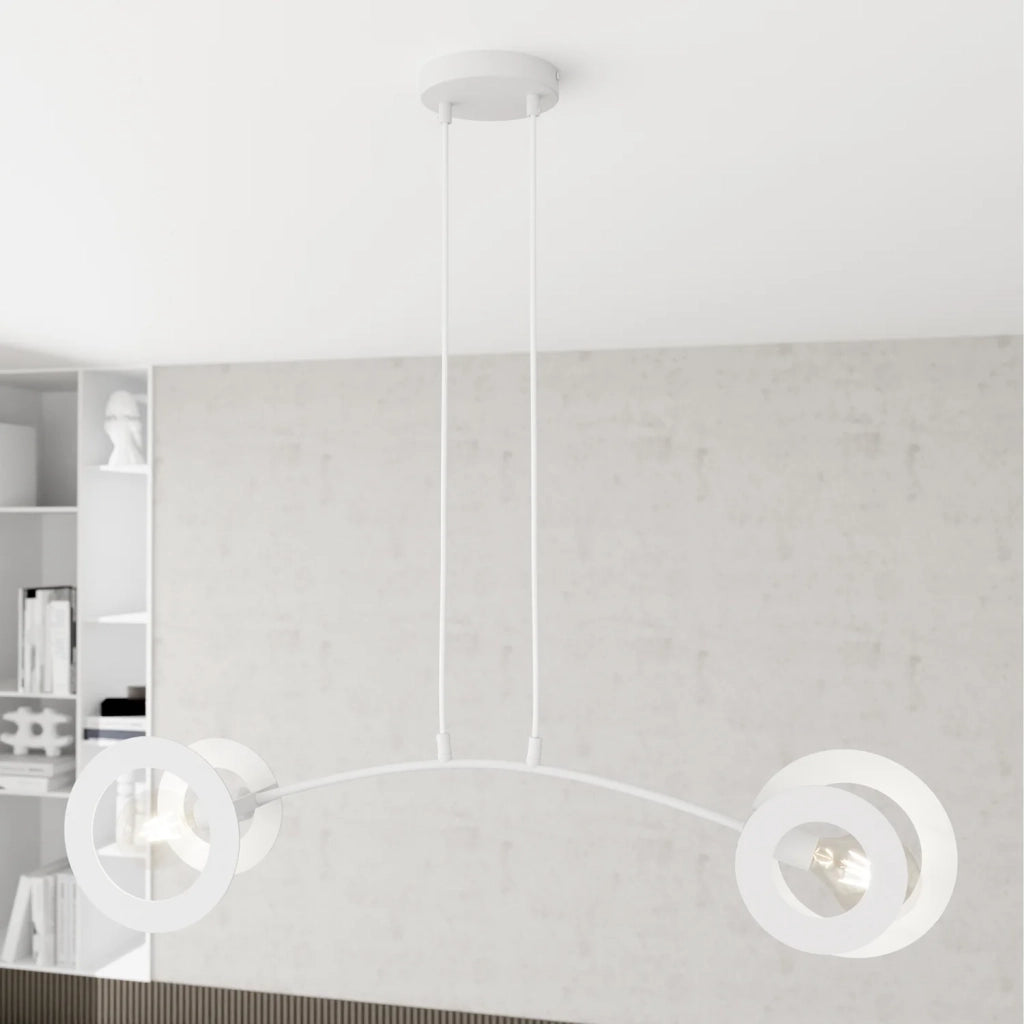 Lampadario 2 Luci Crono Acciaio Bianco A Bracci E Diffusori A Doppio Cerchio