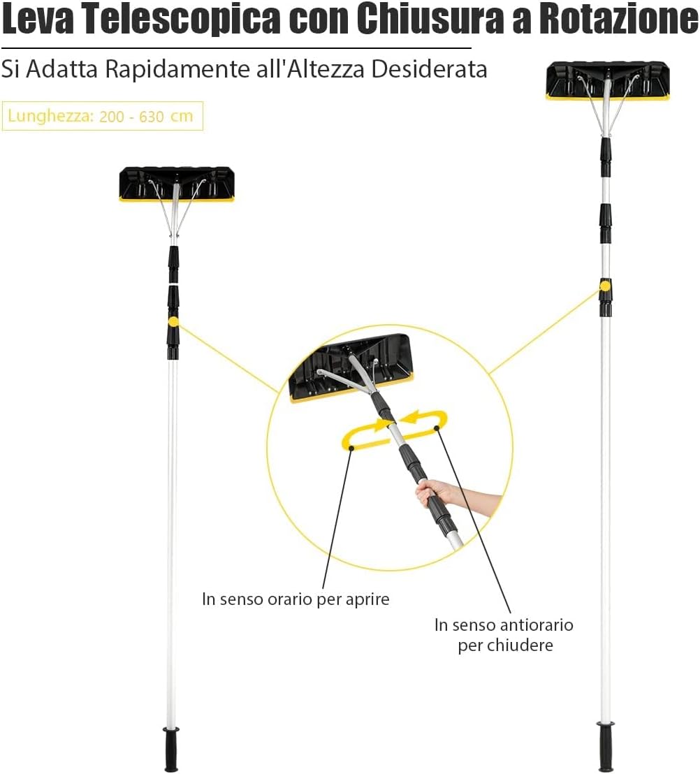 Rastrello da Neve in Alluminio, Tetto Neve Pala con Regolabile telescopico Maniglia 200 - 630 cm, con Lama Maggiorata da 39 cm, Manico Antiscivolo in TPR