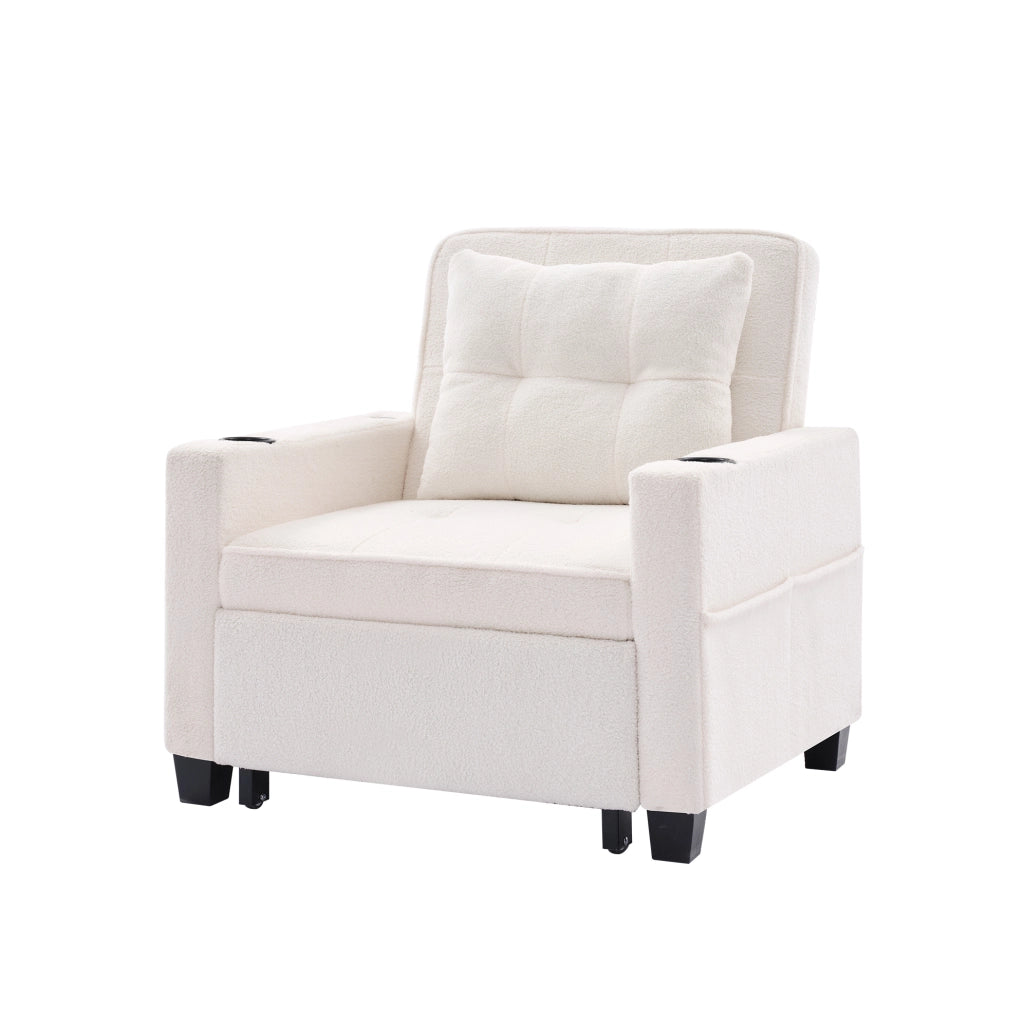 Poltrona letto 3 in 1 87x74x84 cm bianca con USB e portabicchieri, legno e metallo
