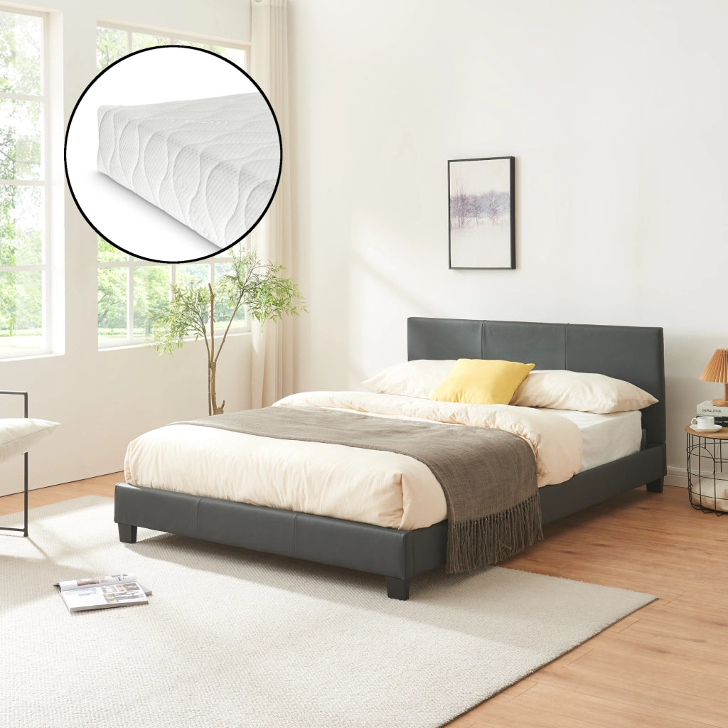 Letto Francese Albacete con Testiera Alta e Materasso 140x200 cm Similpelle Grigio scuro Corium