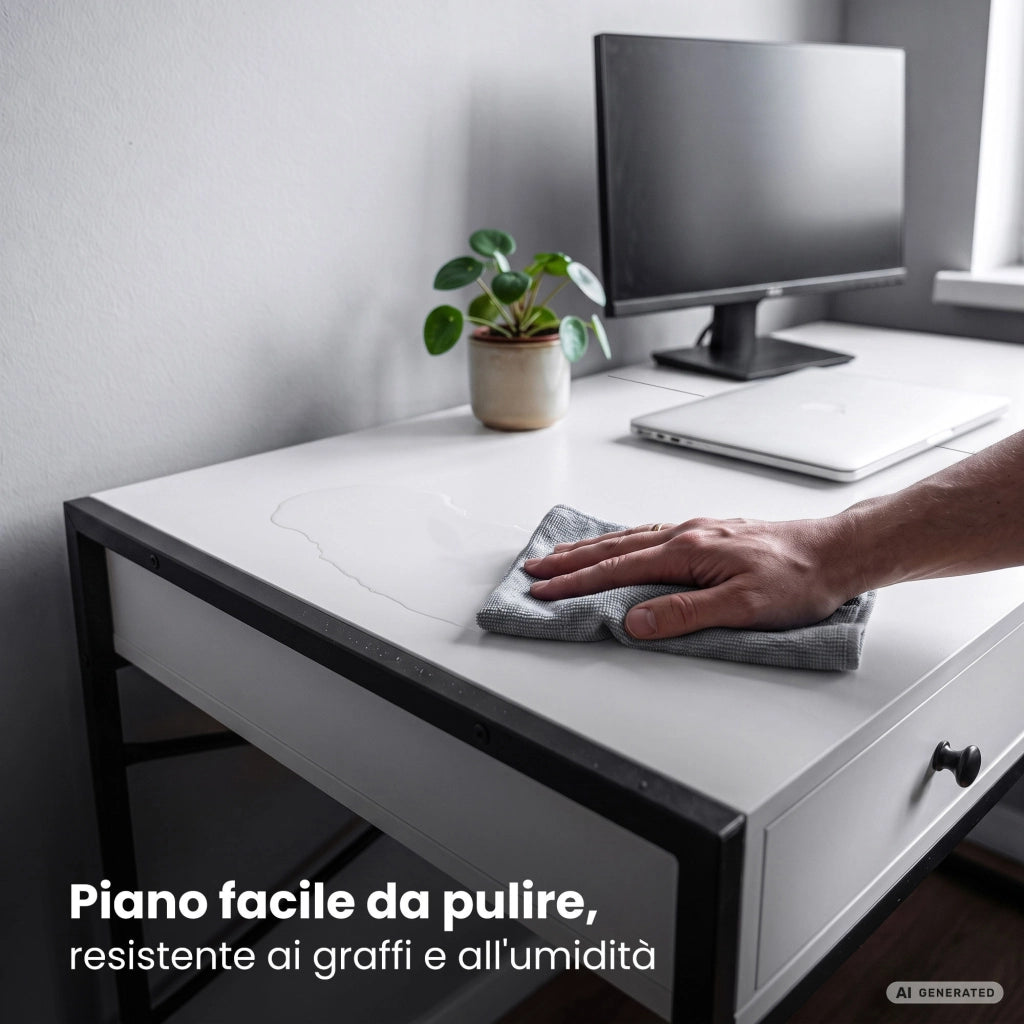Scrivania industriale per computer Bianca ELONIS 123 cm 2 cassetti 1 ripiano gambe nere