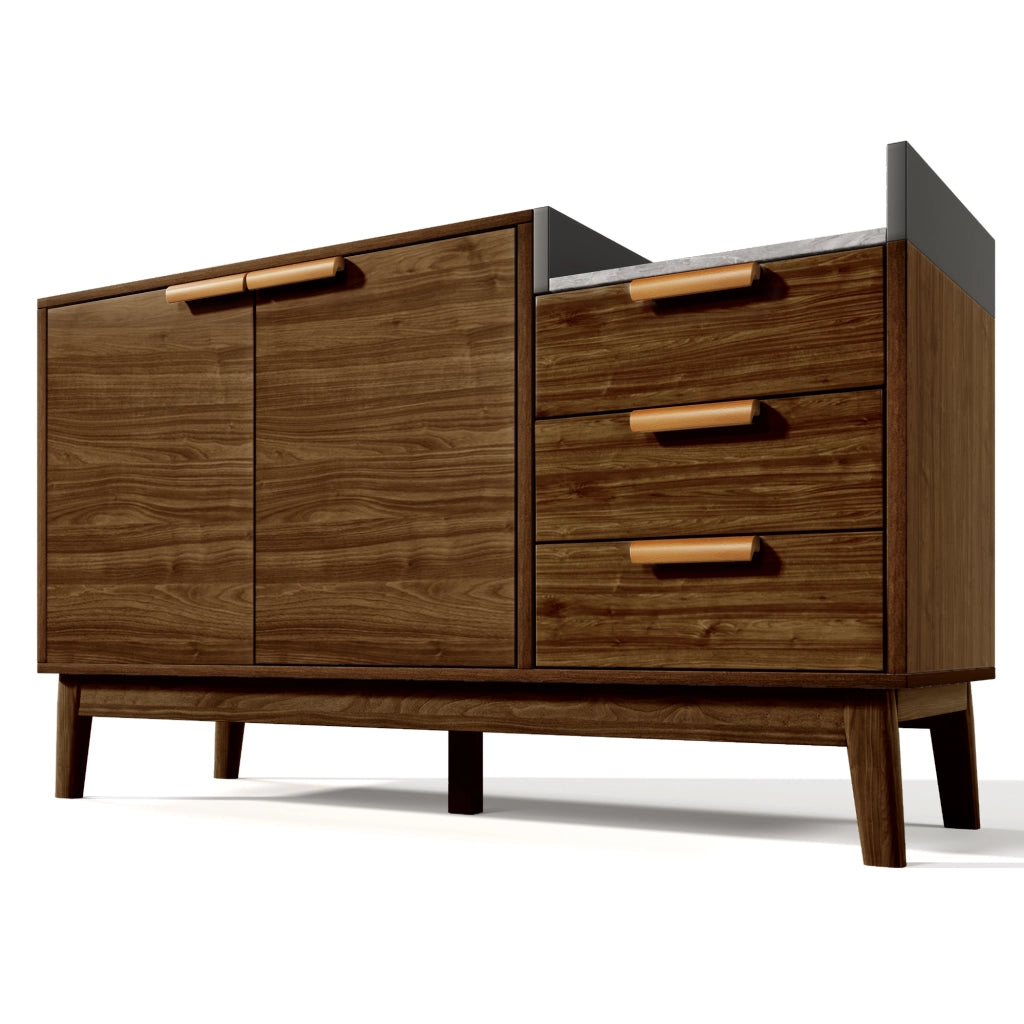 Credenza con 3 Cassetti; Vano a Giorno e 2 Ante; Ripiano Regolabile; Effetto Marmo; in Legno e Metallo; Rovere Scuro; 120×40×77 cm