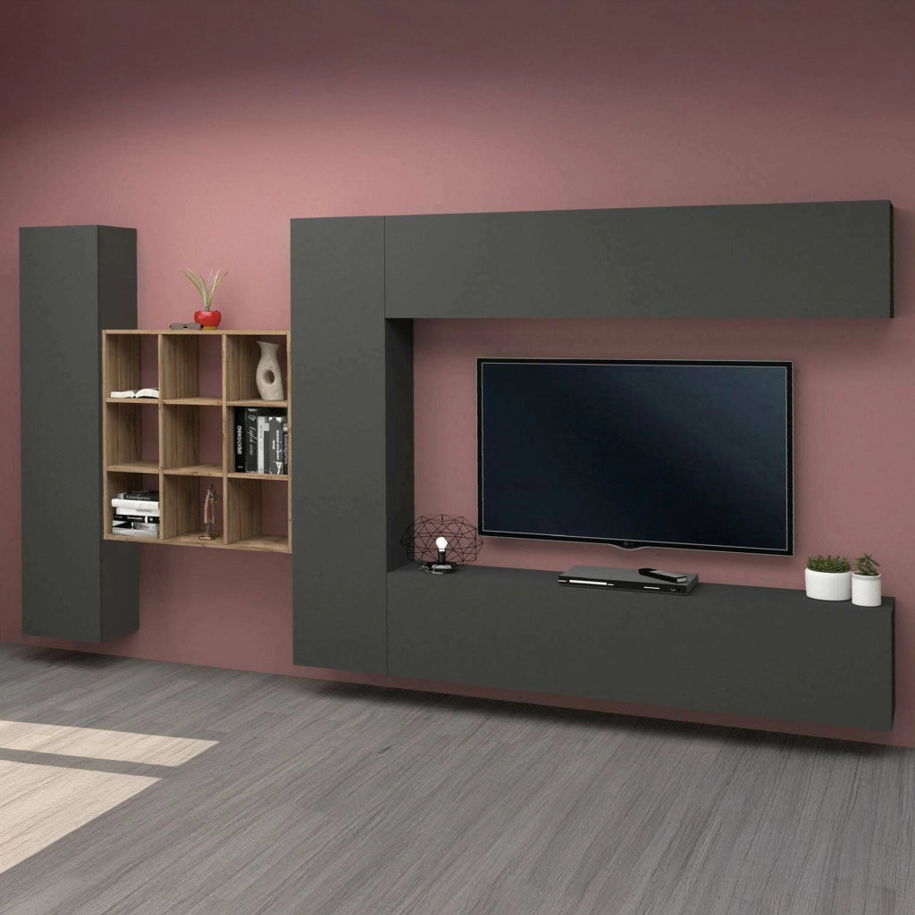 Parete attrezzata Agira, Set salotto porta TV a 4 ante, Mobile soggiorno multiuso, 100% Made in Italy, cm 350x30h180, Antracite