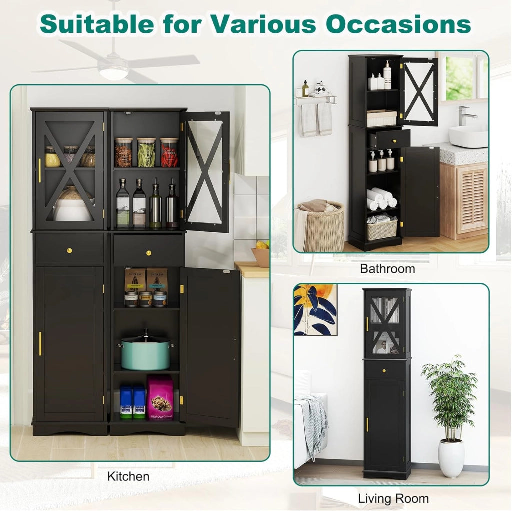 Armadietto da bagno, sottile con 2 ante, 1 cassetto e 3 ripiani regolabili, 40 x 30 x 168 cm, per cucina, soggiorno, bagno, ufficio (nero)