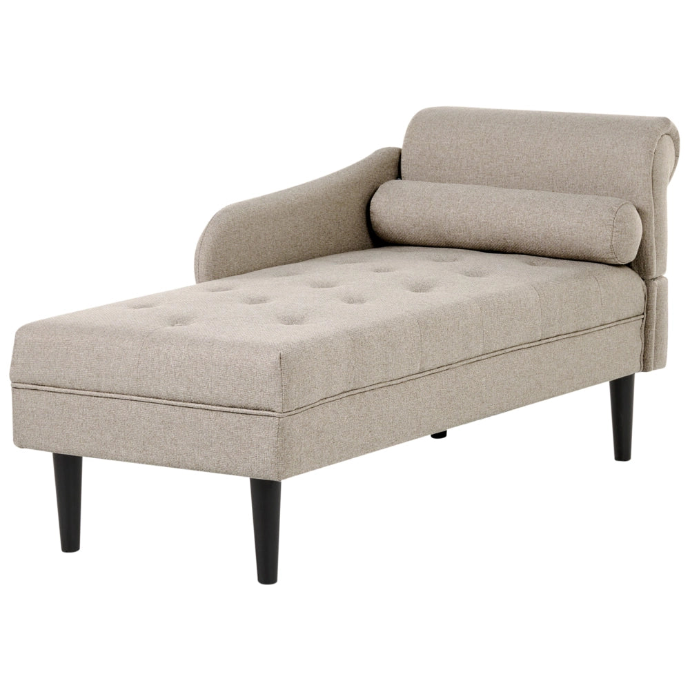 Chaise longue destra in tessuto beige imbottita con cuscino facile da pulire, gambe in legno, soggiorno moderno