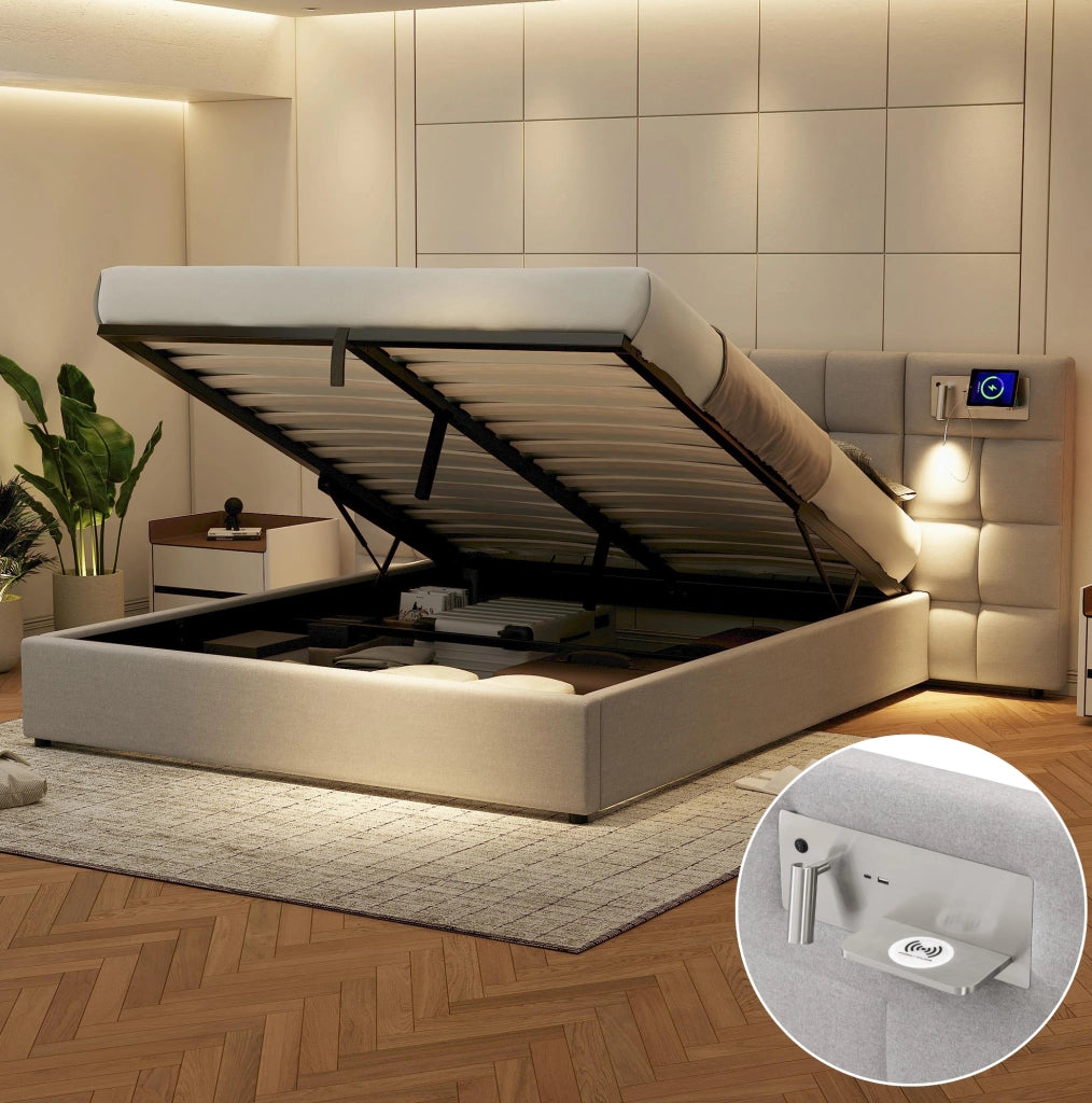 Letto imbottito 180x200 cm con contenitore, USB e ricarica wireless