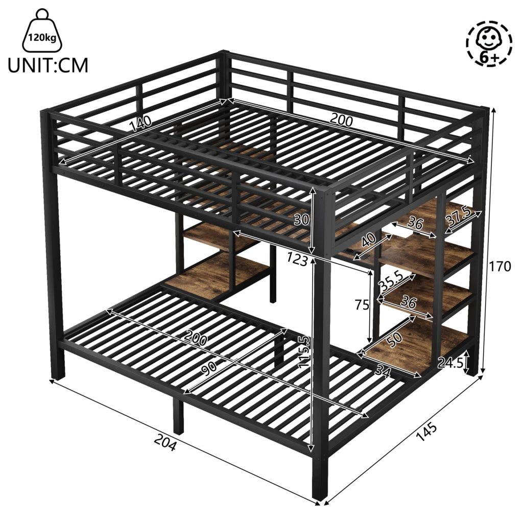 Letto a castello in metallo e MDF nero con prese USB; Type-C e luci LED; 90 x 200 cm e 140 x 200 cm