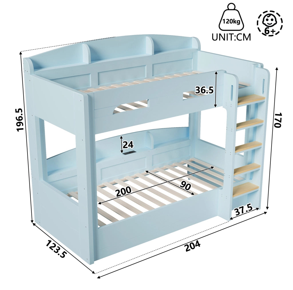 Letto a castello con letto inferiore e presa USB, mensole integrate, colore azzurro chiaro