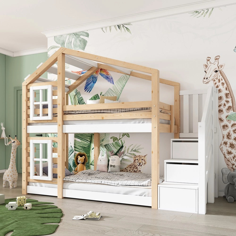 Letto a Castello Baumhaus per Bambini ¨C MINIMAL ¨C 90x200, Legno, Bianco, 2 Reti a Doghe