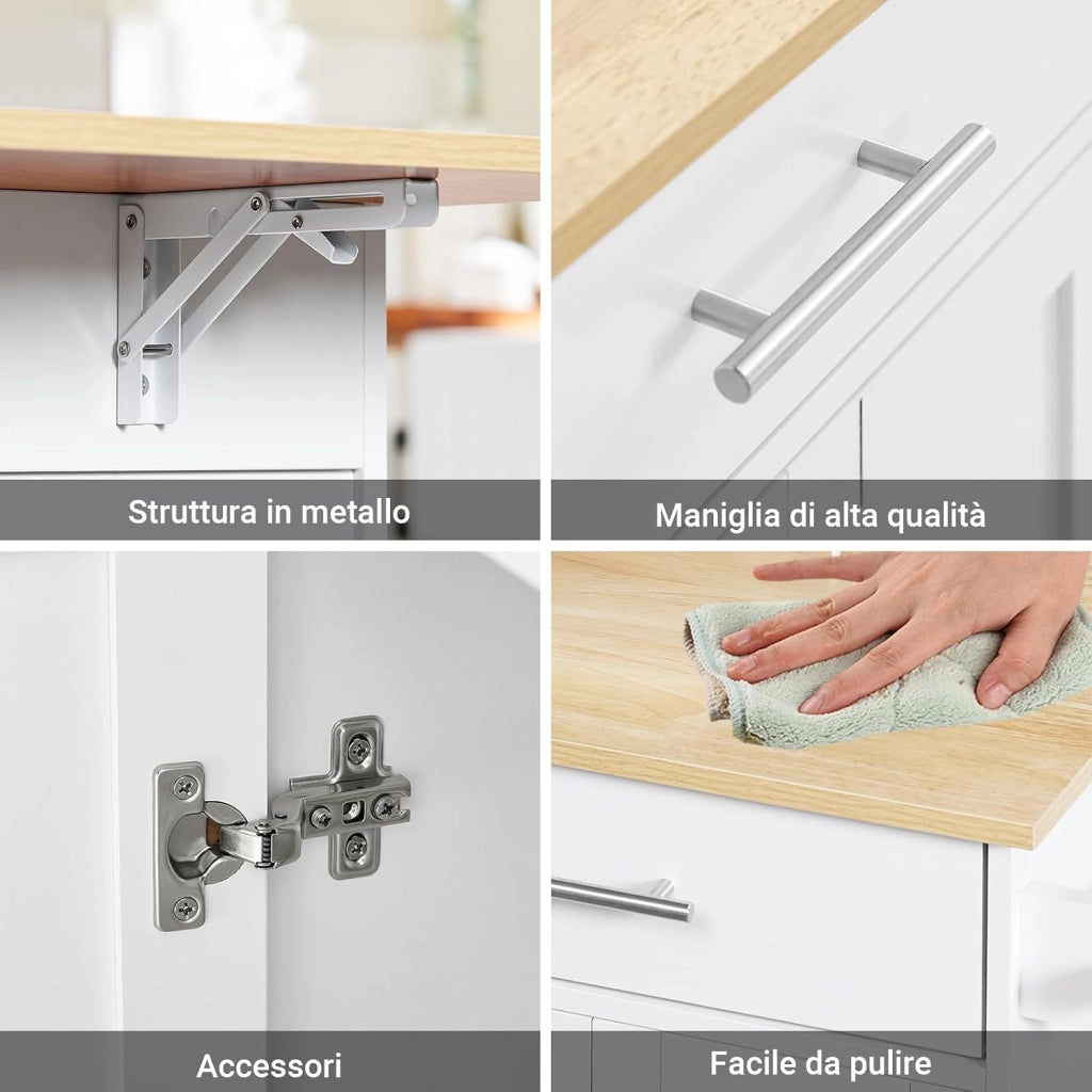Isola Cucina con Ruote, Tavolo Estensibile in Legno, Mobile Cucina con 2 Cassetti, Penisola Cucina Salvaspazio, Credenza Multifunzione per Piccole Cucine Bianco 113 x (44–69) x 91 cm FKW129-WN