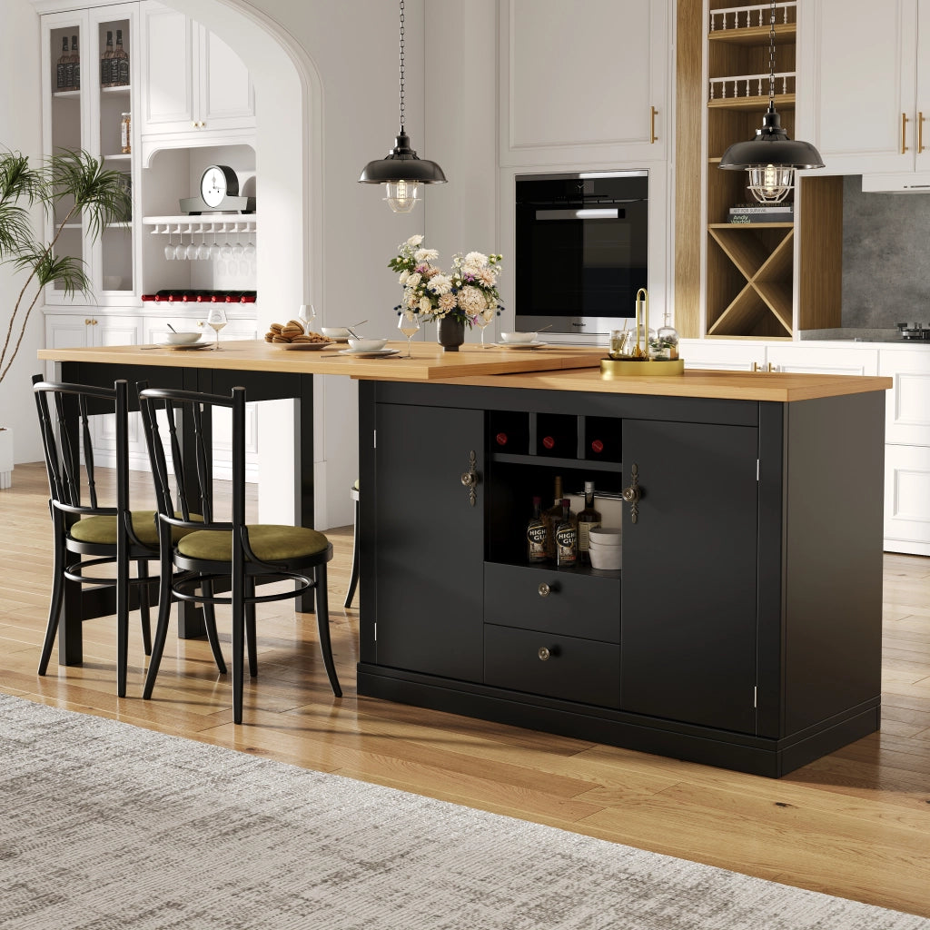 TAVOLO BAR ESTENSIBILE 120-180 CM MDF NERO CON RIPIANI E PORTABOTTIGLIE