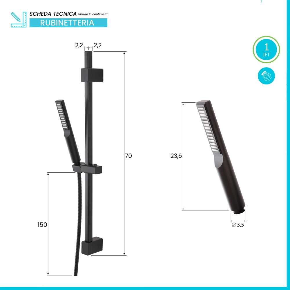 Saliscendi doccia quadrato 70 cm regolabile con doccetta slim in ABS nero opaco Hidra