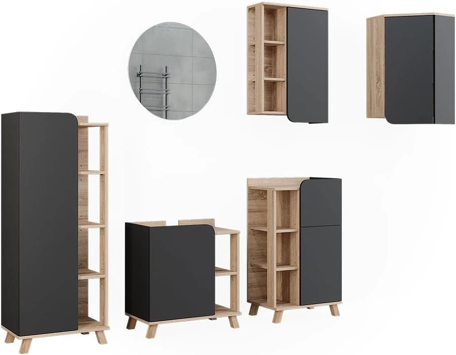 Set di mobili da bagno Karen, Sonoma/Bianco, 60 cm, composto da specchio, pensile, pensile angolare, armadio medio, base lavabo e base