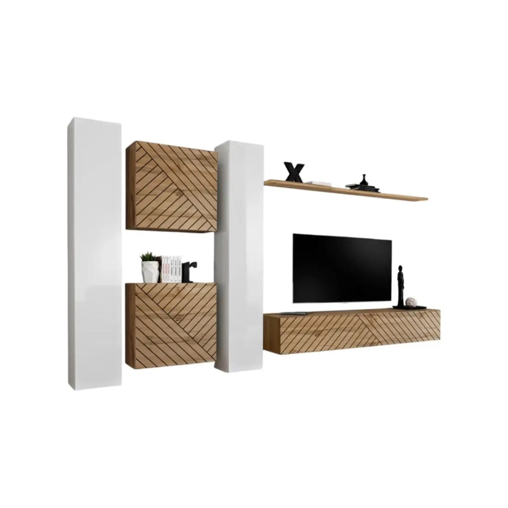 Set di mobili da salotto design SWITCH VI, bianco/quercia, finitura bianco lucido e quercia effetto fresato