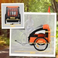 Rimorchio Bici Bambini con 2 Posti, 2 Cinture di Sicurezza, Telaio in Acciaio e Copertura in Tessuto Oxford Arancione