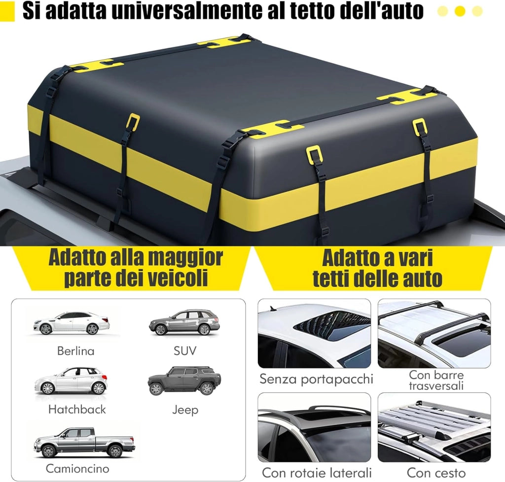Borsa da Tetto per Auto Impermeabile 21Cu.Ft/595L, Box Tetto Universale con Tappetino Antiscivolo+ 10 Cinghie+ 6 Ganci, Sacca per Auto con/senza Barre Portapacchi(Giallo)