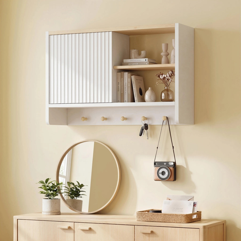Armadietto da bagno sospeso con ante, ripiani e 5 ganci ¨C zephmum ¨C bianco 60x30x30