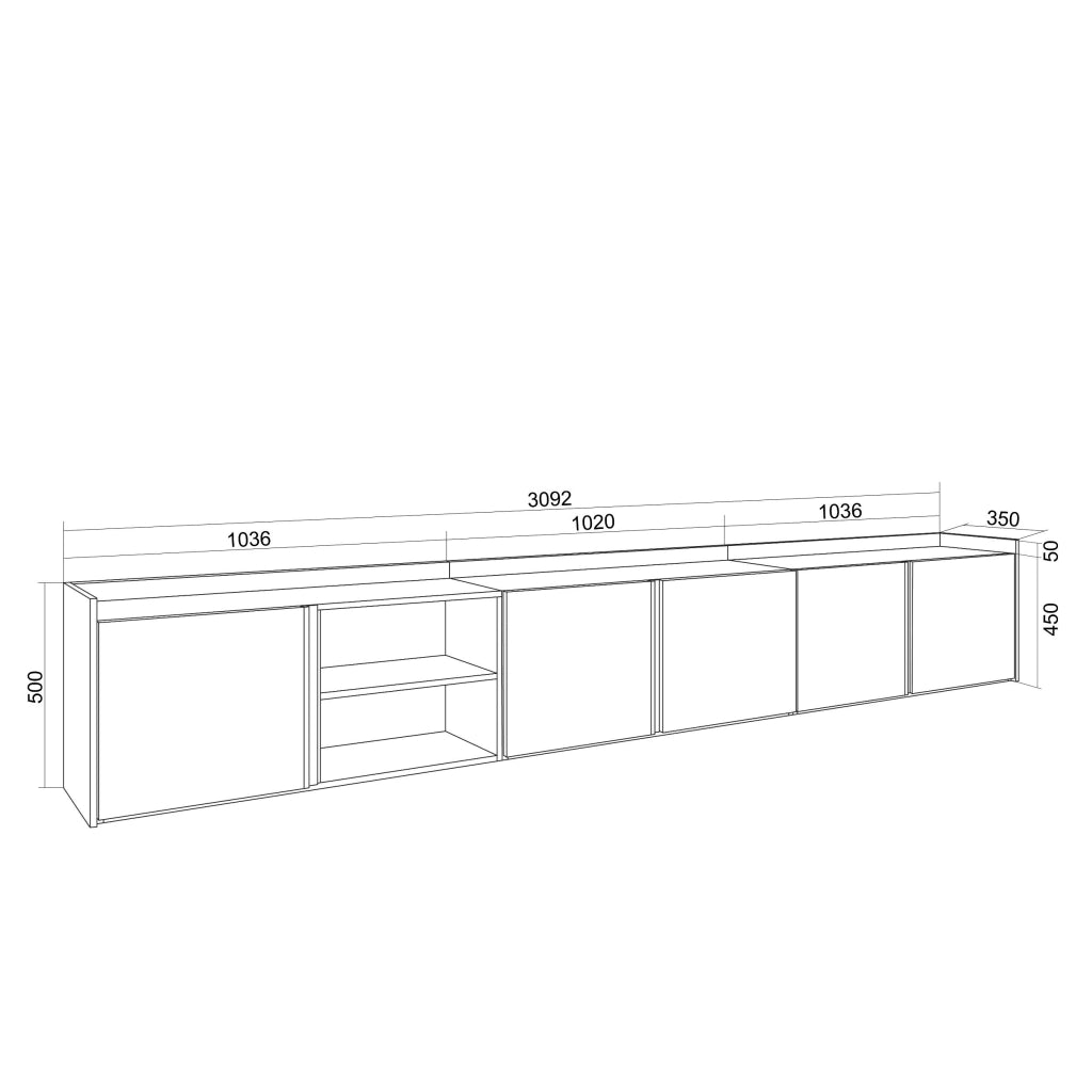 Mobile TV Soggiorno, 309x50x35 cm, Per TV fino a 80", Sospeso, da appendere, Rovere e nero