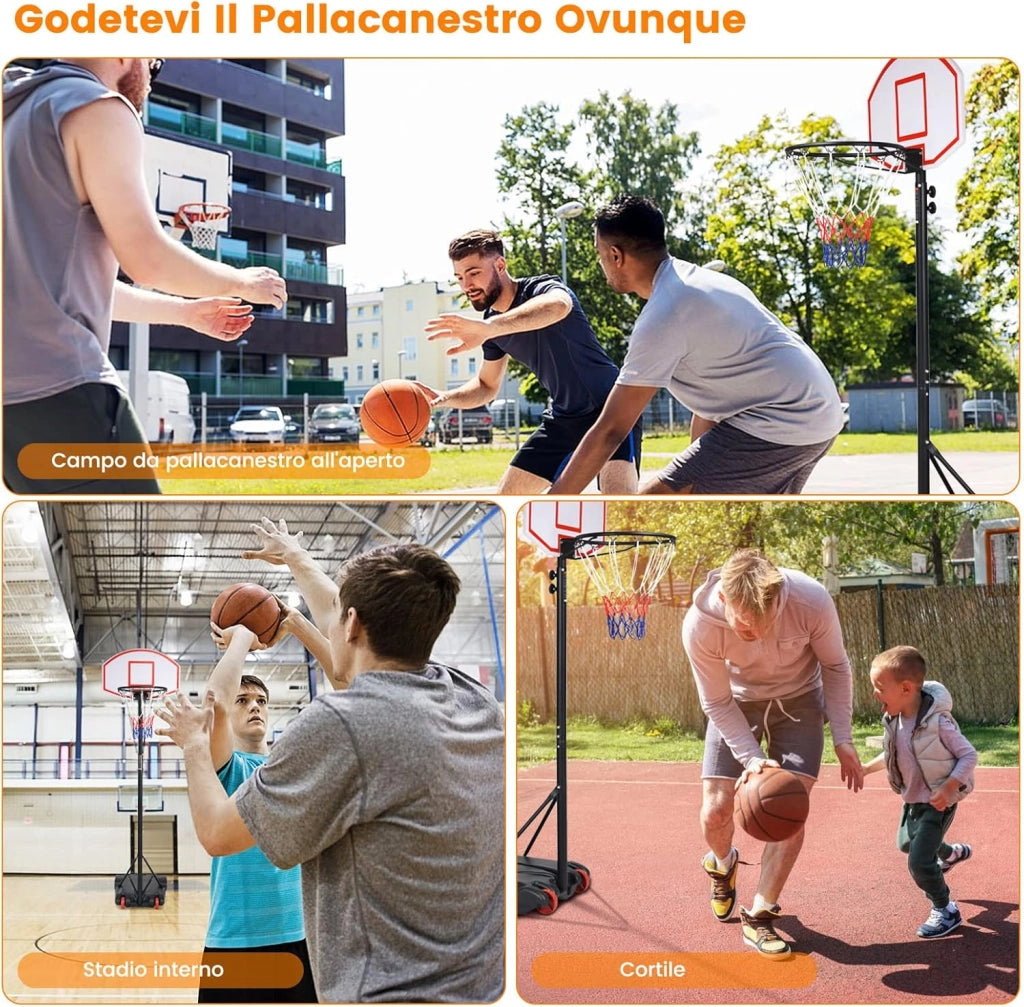 Canestro da Basket da Esterno Regolabile 178 e 208 cm, Canestro da Basket per Bambini con Ruote e Base Riempibile, Ideale per Interno ed Esterno