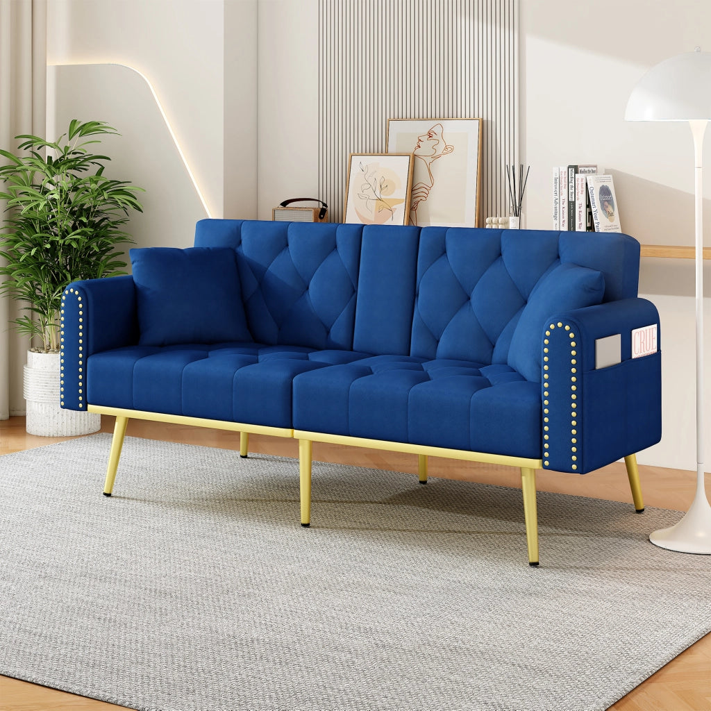 Divano letto convertibile con schienale regolabile, portabicchieri, tasca laterale e cuscini in velluto blu