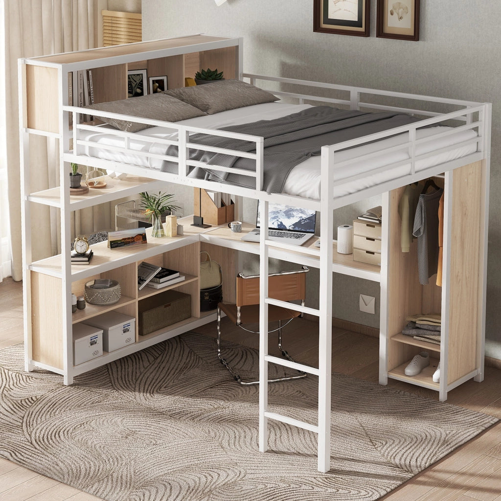 OKWISH Letto a soppalco 140×200 cm, Letto Matrimoniale con Scrivania, Contenitori, Armadio e Mensole, senza Materasso, Bianco