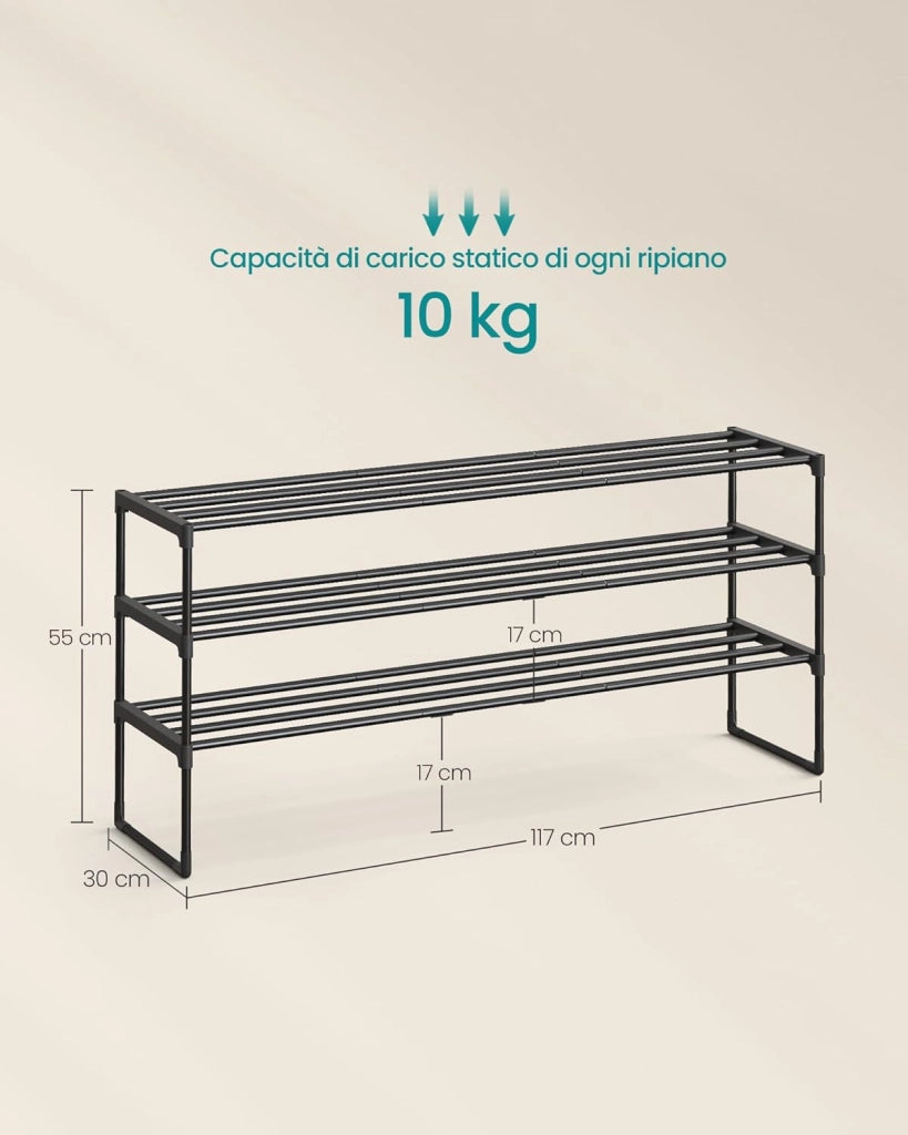 Scarpiera a 3 Ripiani, Scaffale Portascarpe in Metallo, per 20-24 Paia di Scarpe, Verticale o Capovolto, Impilabile, Ingresso, 30 x 117 x 55 cm, Nero LSA033B01