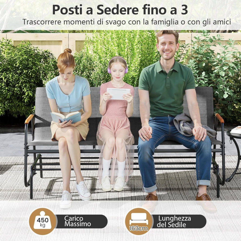 Panca a Dondolo da Esterno, Panchina a 2/3 Posti da Giardino con Movimento Oscillante, Braccioli Curvi in Legno, Sedia a Dondolo per Veranda, Giardino, Portata 300KG/450KG (Grigio, 3 Posti)