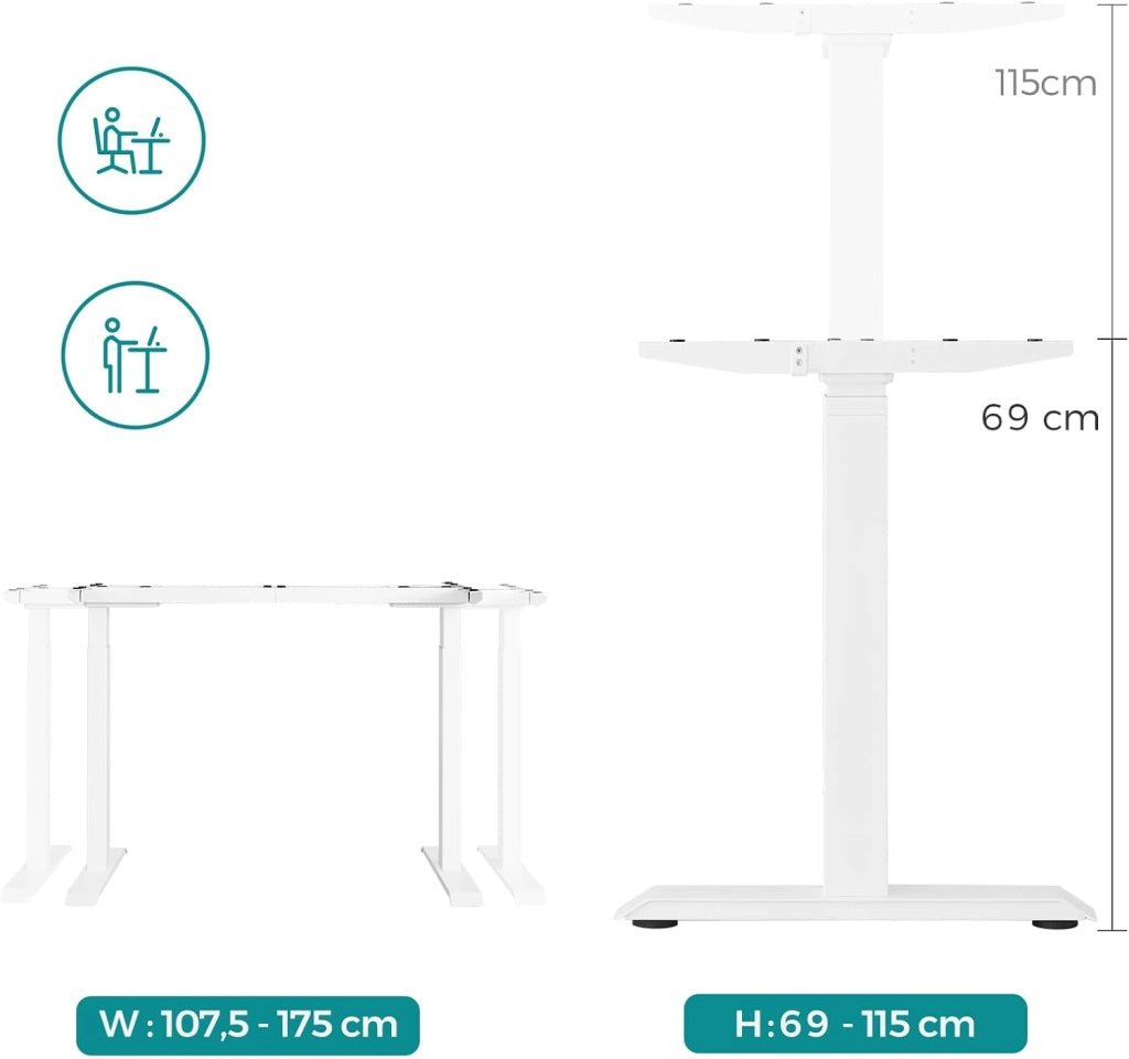 SONGMICS Supporto Scrivania Elettrico Regolabile in Altezza, Struttura Tavolo da Lavoro con Motore, senza Piano, con Ganci, Regolazione Continua, Funzione Memory, Acciaio, Bianco LSD019W01