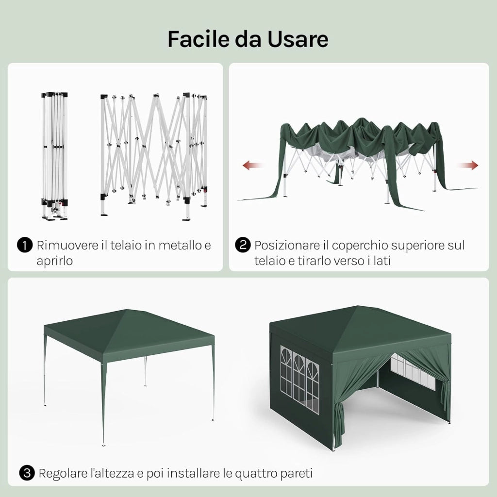 Gazebo da Giardino Richiudibile 3x3m Gazebo da Esterno Ferro Regolabile in Altezza Tendone Pieghevole con Telo Idrorepellente, Protezione Solare, Facile Montare Verde