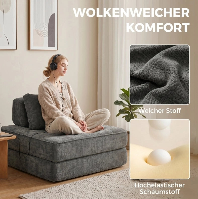 Poltrona Letto Pieghevole 2-in-1 in Chenille Grigia con Cuscino di Supporto Spesso
