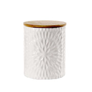 SET 3 BARATTOLI IN CERAMICA CON RILIEVO BIANCO, TAPPO IN LEGNO 13 X13 X16 CM