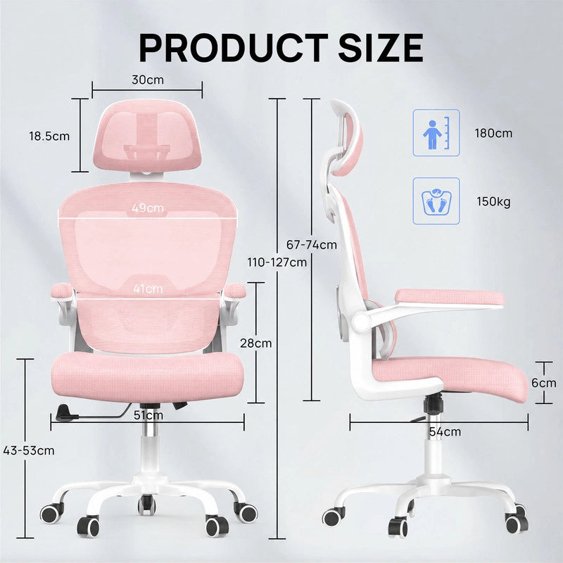 Sedia da ufficio ergonomica - Poltrona HAMLODY - con braccioli pieghevoli a 90° - Supporto lombare - Regolabile in altezza Rosa