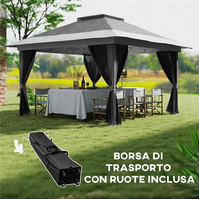 GAZEBO PIEGHEVOLE 3.6X3.6 M CON PARETI ALTEZZA REGOLABILE E PROTEZIONE UPF50+ BORSA CON RUOTE GRIGIO