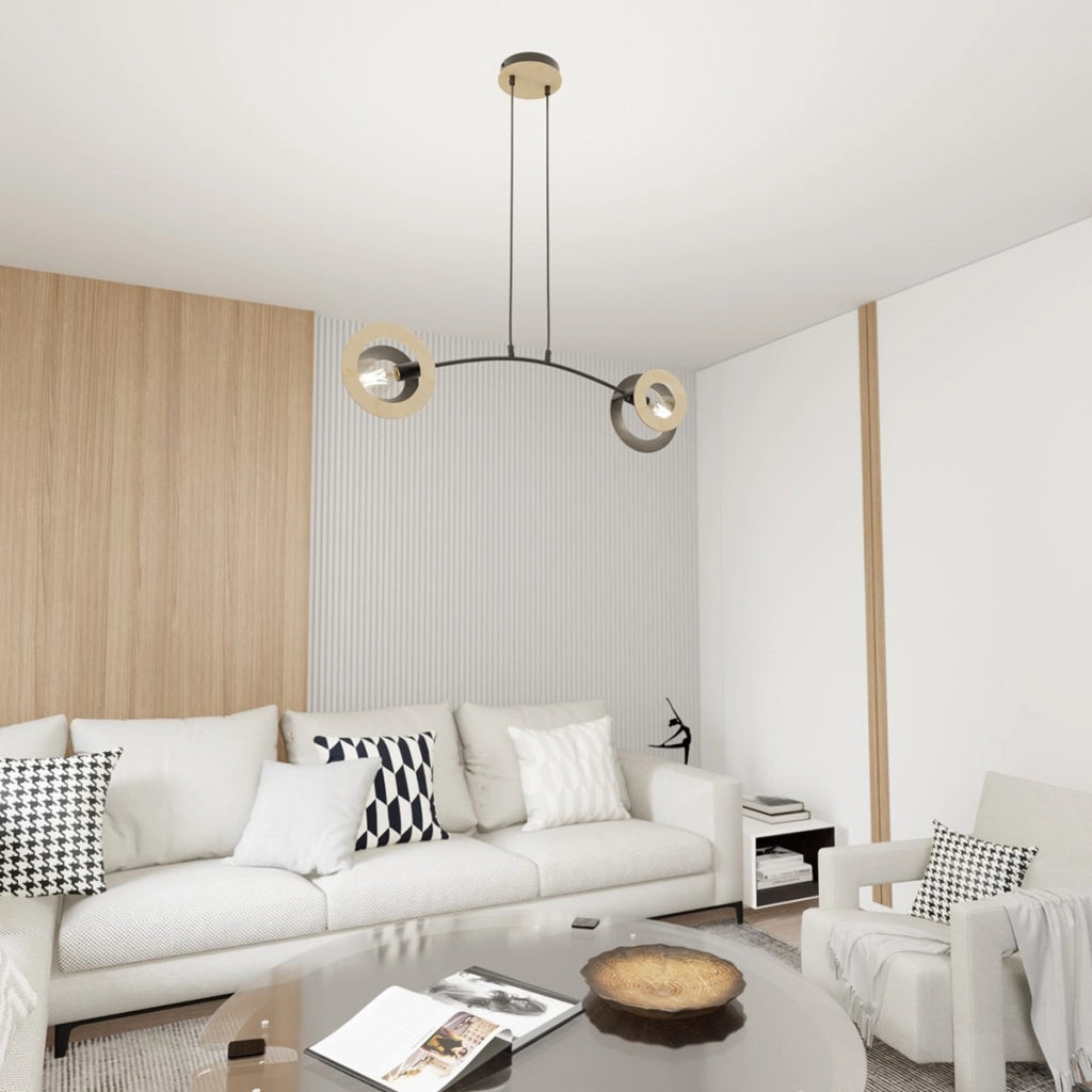 Lampada a sospensione Skiva in acciaio nero e legno naturale