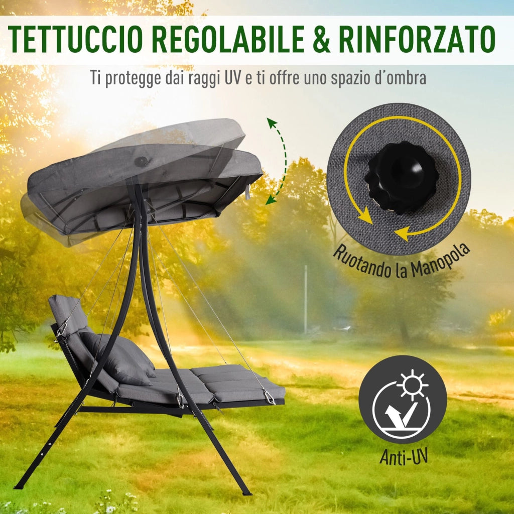 Easycomfort Dondolo da Giardino 3 Posti con Tettuccio Parasole Regolabile e 3 Cuscini, Dondolo da Esterno con Seduta Traspirante in Texteline e Metallo, Portata Fino a 270 kg, 198x118x168 cm, Grigio
