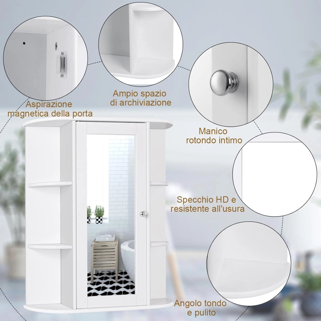 Armadietto al Muro con Specchio, Armadietto dei Medicinali Moderno, Organizer Bagno con Mensole, Ideale per Lavanderia Camerino e Salone, 60 x 16,5 x 70,5 cm (Bianco)