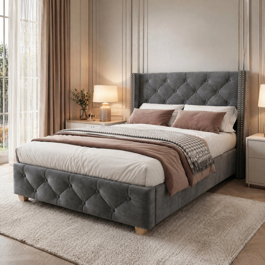 Letto imbottito 90x200 cm in velluto grigio con testiera; rete a doghe e gambe in legno