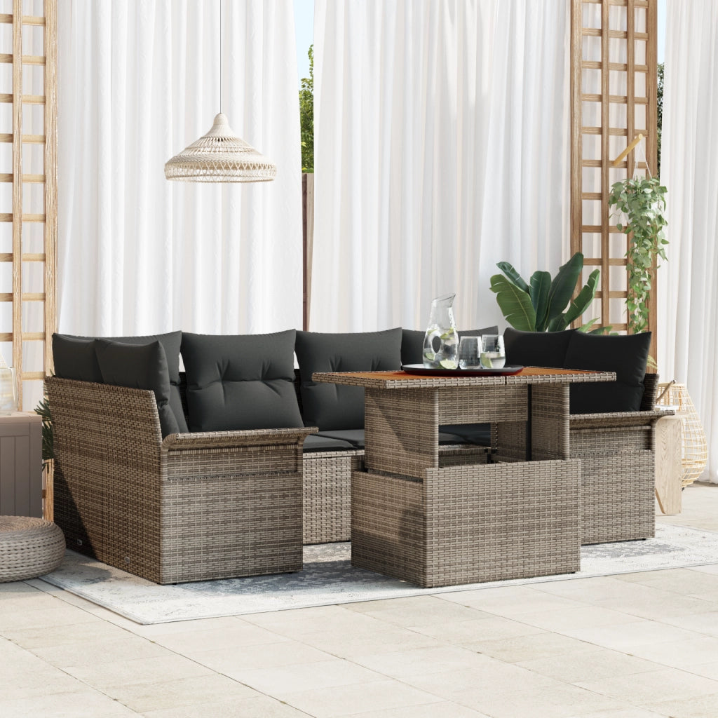 Set da giardino a 7 pezzi di con cuscini in polirattan grigio e acacia