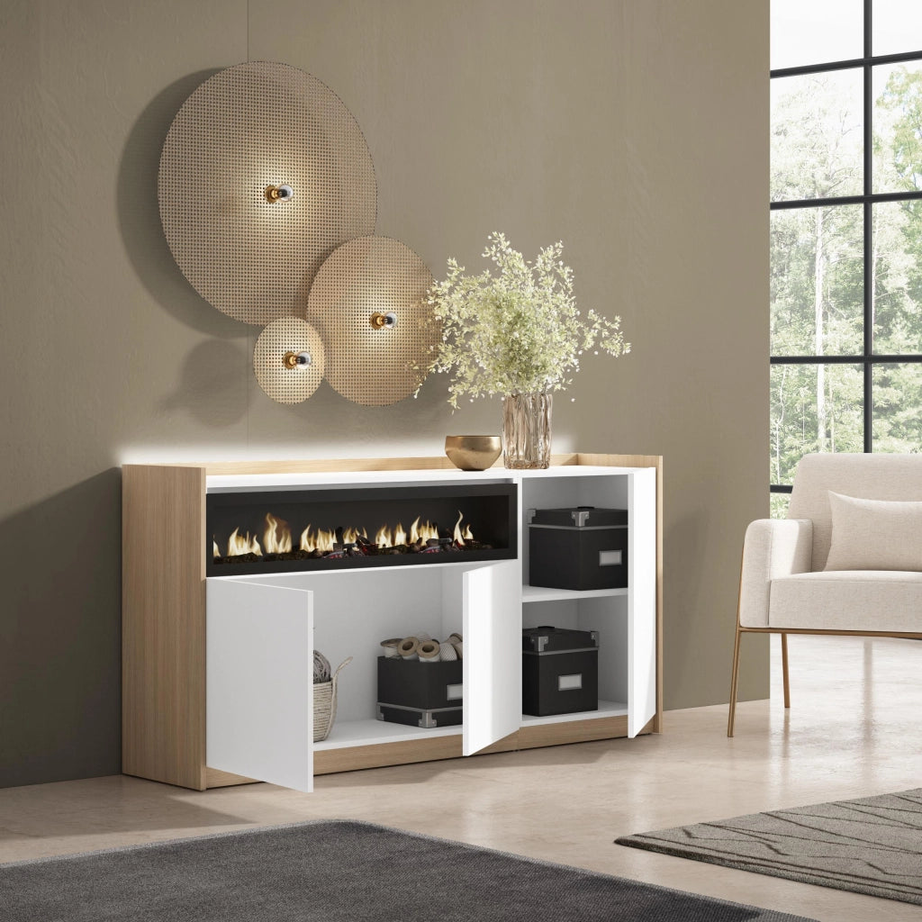 Credenza, Mobile, Cucina, 156x80x37 cm, 3 Porte, Camino elettrico, LED, Bianco e Rovere soft