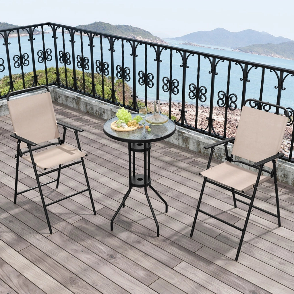 Set bistrot da esterno 3 pezzi, Tavolo bar con 2 sedie pieghevoli piano in vetro temperato foro per ombrellone Beige-Set mobili da esterno