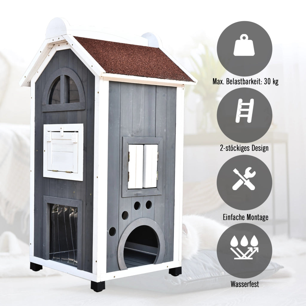 Casetta per Gatti 2 Piani ¨C zephmum ¨C Legno di Abete, Grigio, 59x55x109 cm
