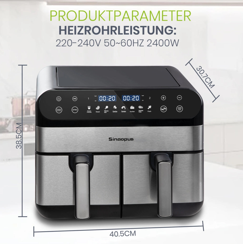 Friggitrice ad aria 10 L nera ABS e PC, doppio cestello e 8 programmi