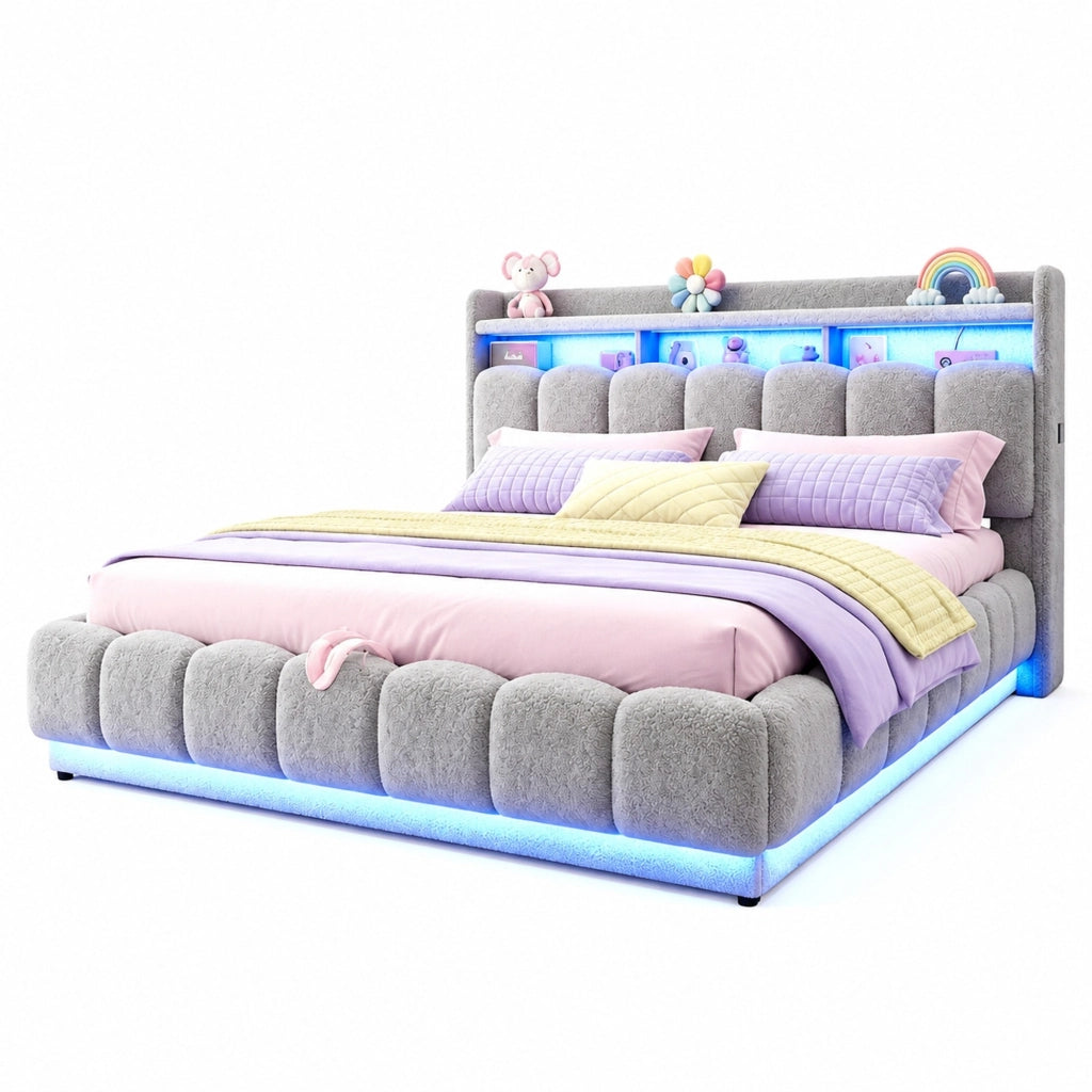 Letto imbottito 180x200 cm con contenitore idraulico, LED, USB e presa, bianco