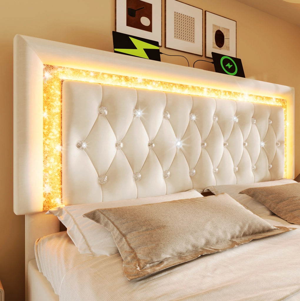 Letto matrimoniale 160x200 cm in velluto beige con LED nel testiera; USB e USB-C; contenitore idraulico