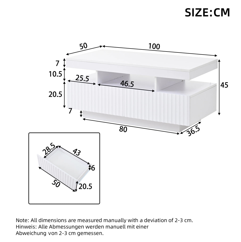 Tavolino da caffè bianco con 2 cassetti e LED, 100x50x45 cm